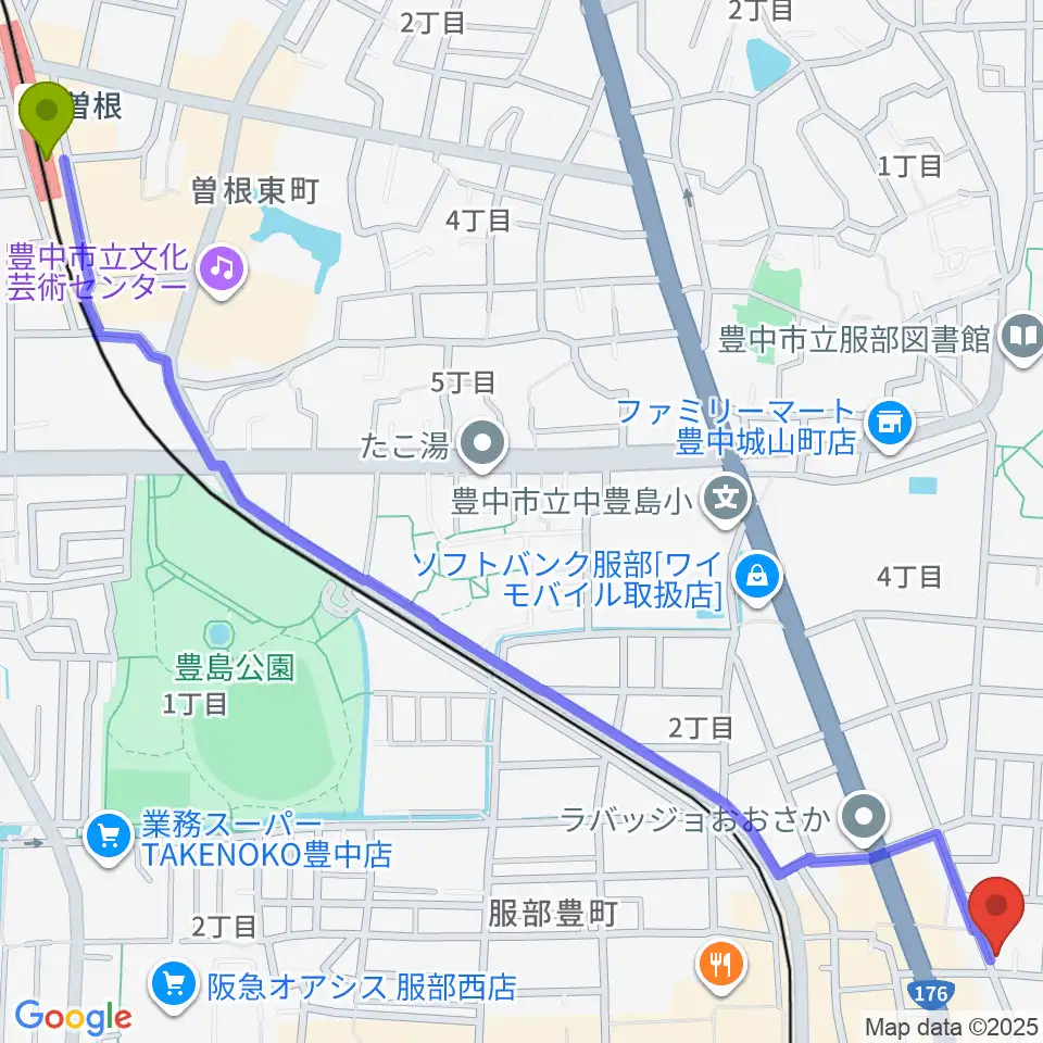 曽根駅からノワ･アコルデ音楽アートサロンへのルートマップ地図