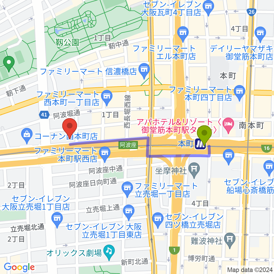 綺羅星ホールの最寄駅本町駅からの徒歩ルート（約8分）地図