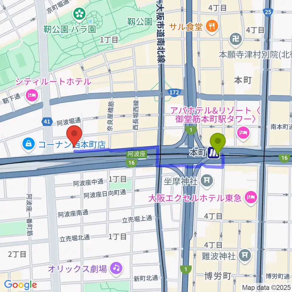 綺羅星ホールの最寄駅本町駅からの徒歩ルート（約8分）地図