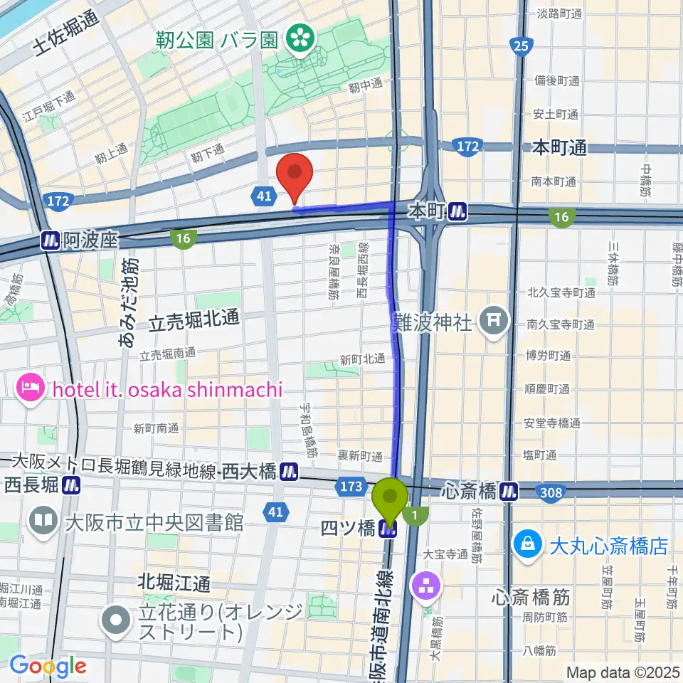 四ツ橋駅から綺羅星ホールへのルートマップ地図