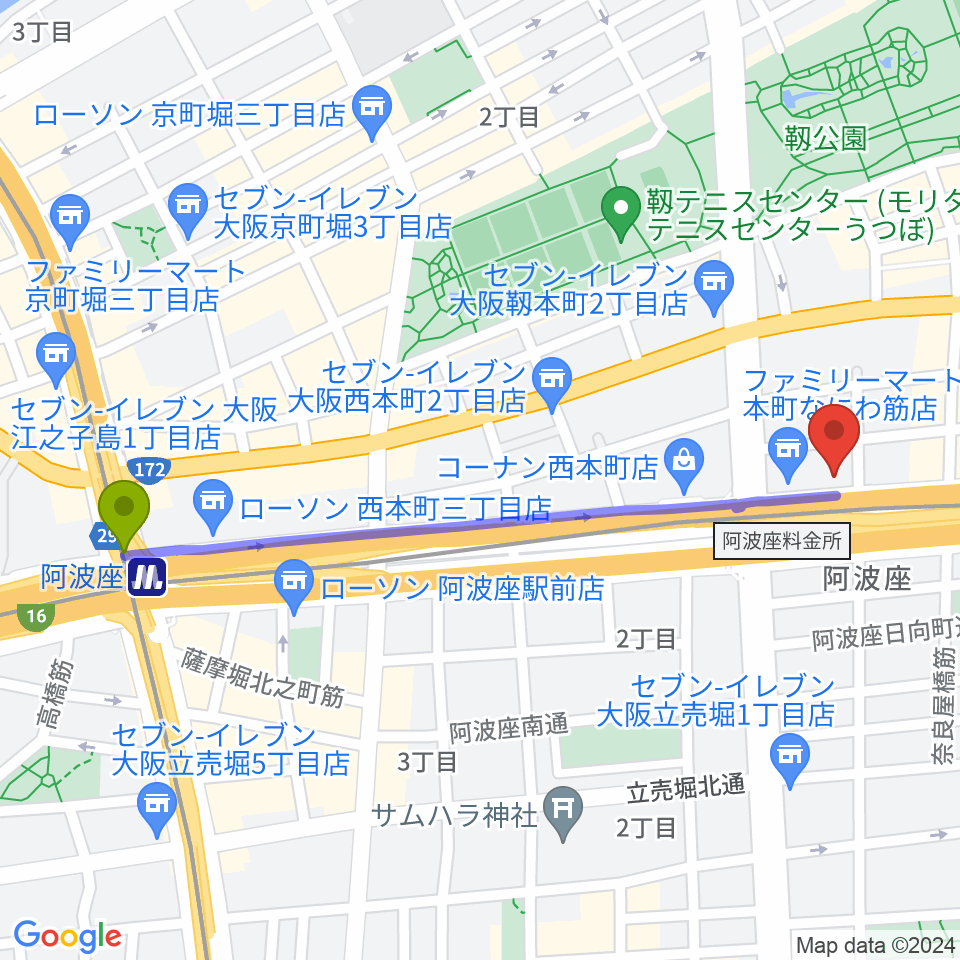 阿波座駅から綺羅星ホールへのルートマップ地図