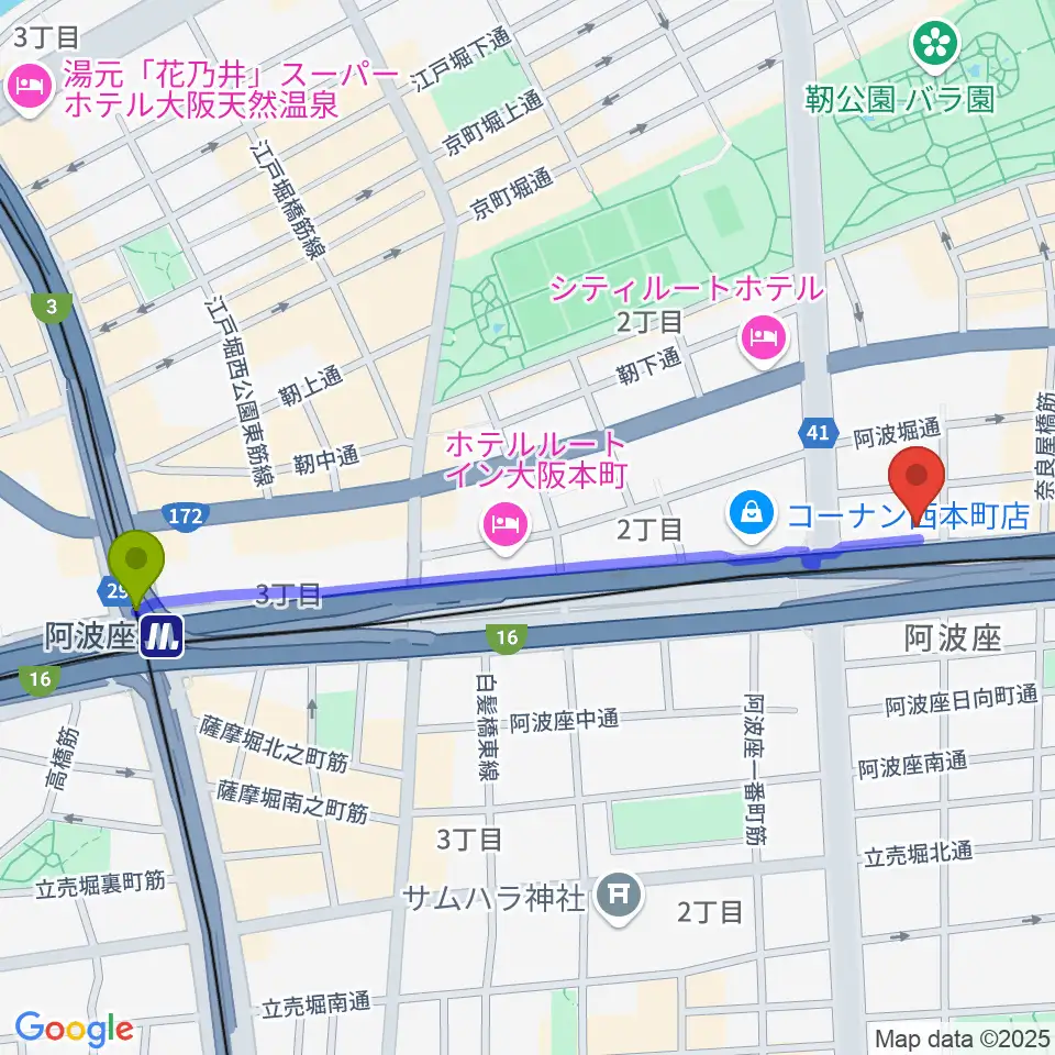 阿波座駅から綺羅星ホールへのルートマップ地図
