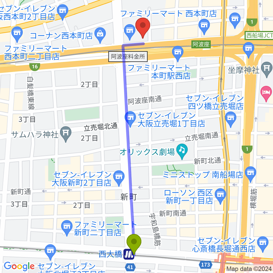 西大橋駅から綺羅星ホールへのルートマップ地図