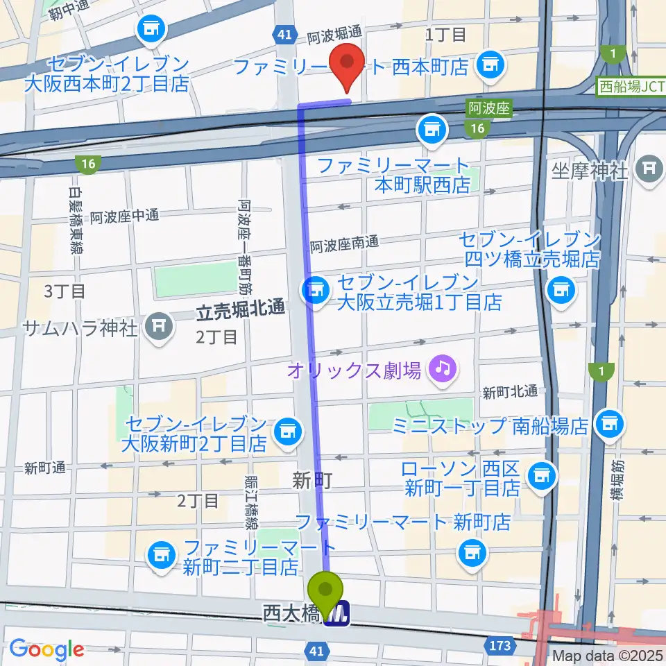 西大橋駅から綺羅星ホールへのルートマップ地図