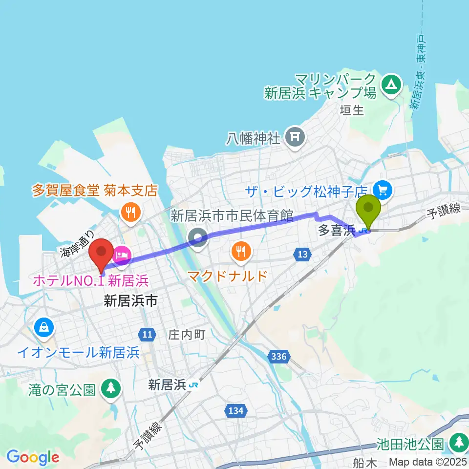 多喜浜駅から新居浜ジャンドールへのルートマップ地図