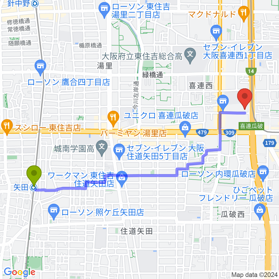 矢田駅からクレオ大阪南へのルートマップ地図