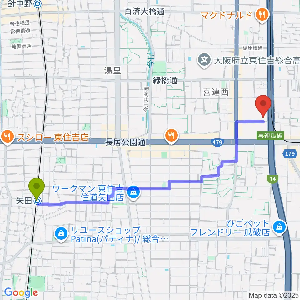 矢田駅からクレオ大阪南へのルートマップ地図
