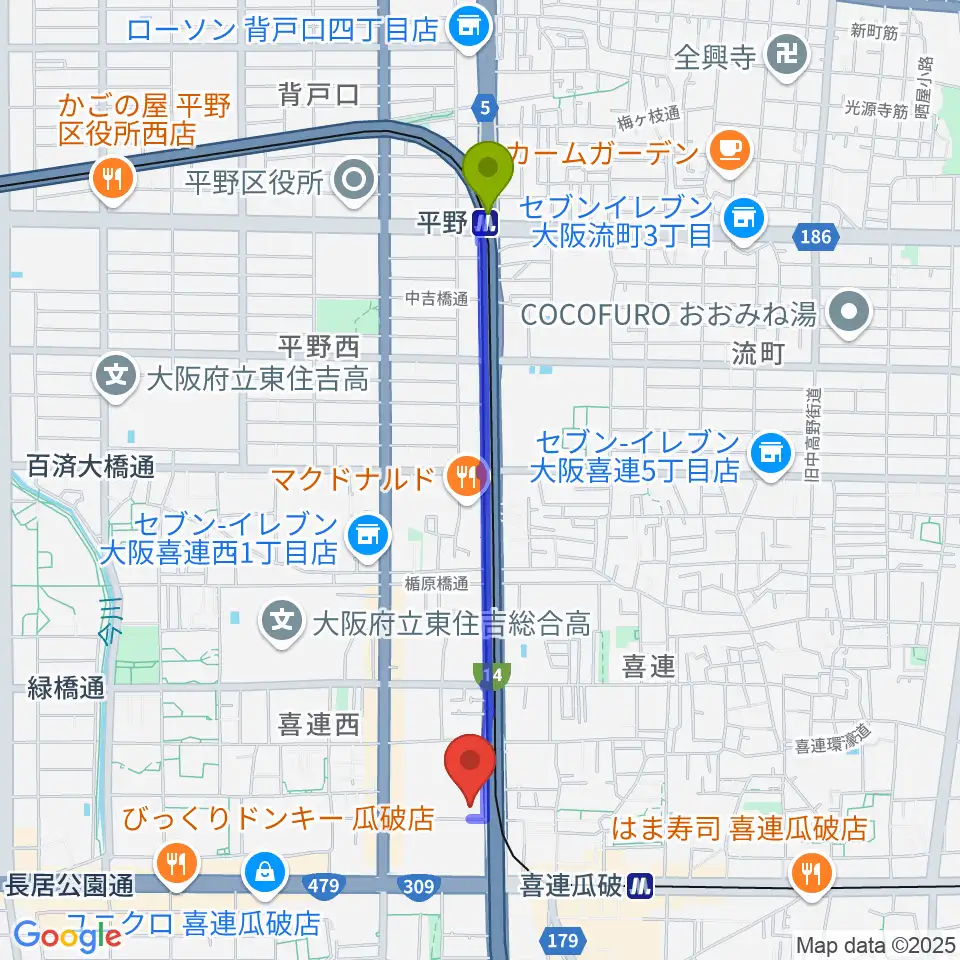 平野駅からクレオ大阪南へのルートマップ地図