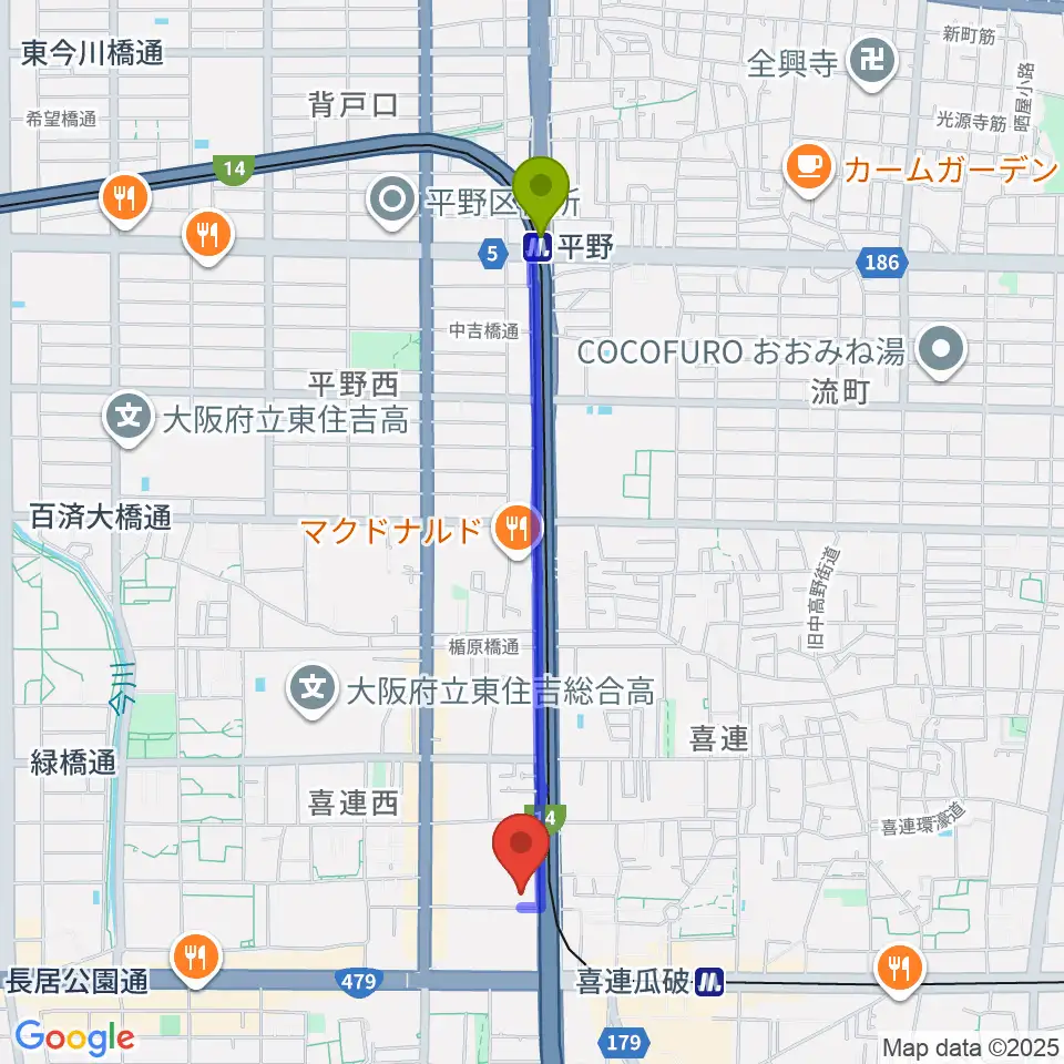 平野駅からクレオ大阪南へのルートマップ地図