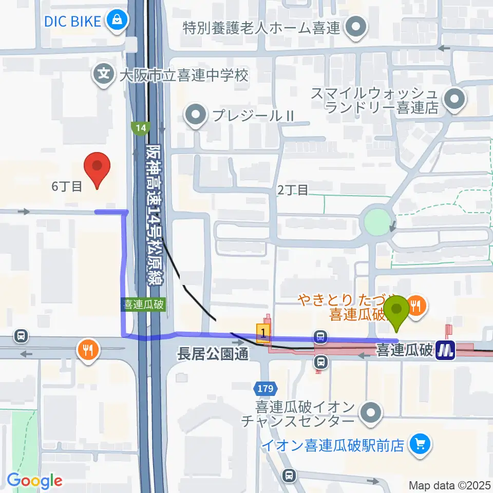 クレオ大阪南の最寄駅喜連瓜破駅からの徒歩ルート（約5分）地図