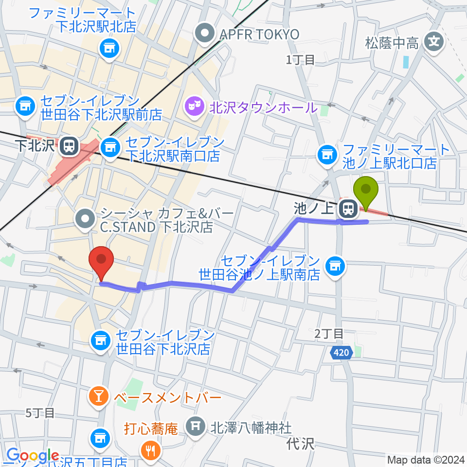 池ノ上駅から下北沢ラプソディーへのルートマップ地図