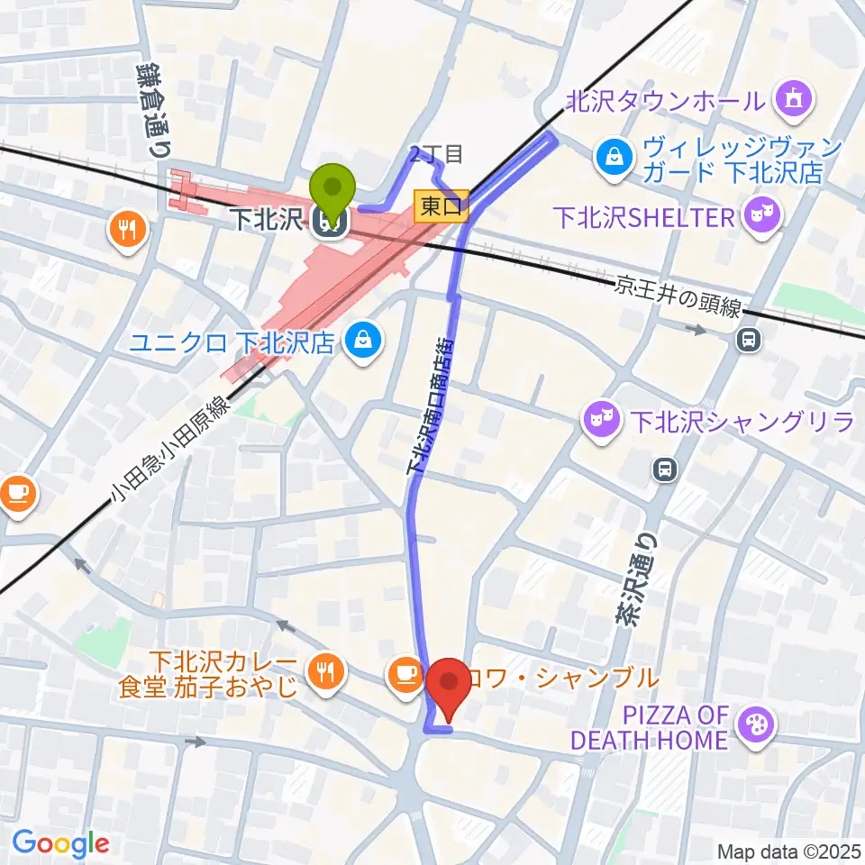 下北沢ラプソディーの最寄駅下北沢駅からの徒歩ルート（約5分）地図