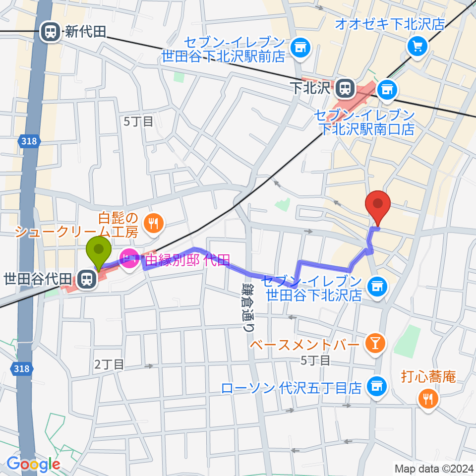 世田谷代田駅から下北沢ラプソディーへのルートマップ地図