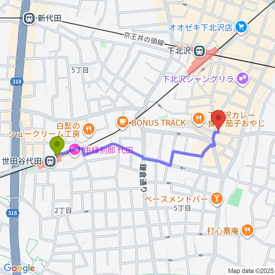 世田谷代田駅から下北沢ラプソディーへのルートマップ地図