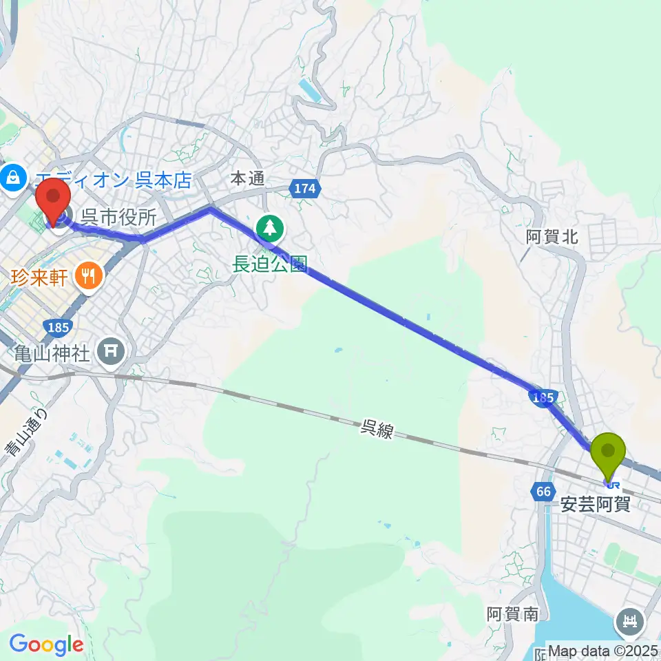 安芸阿賀駅から新日本造機ホールへのルートマップ地図