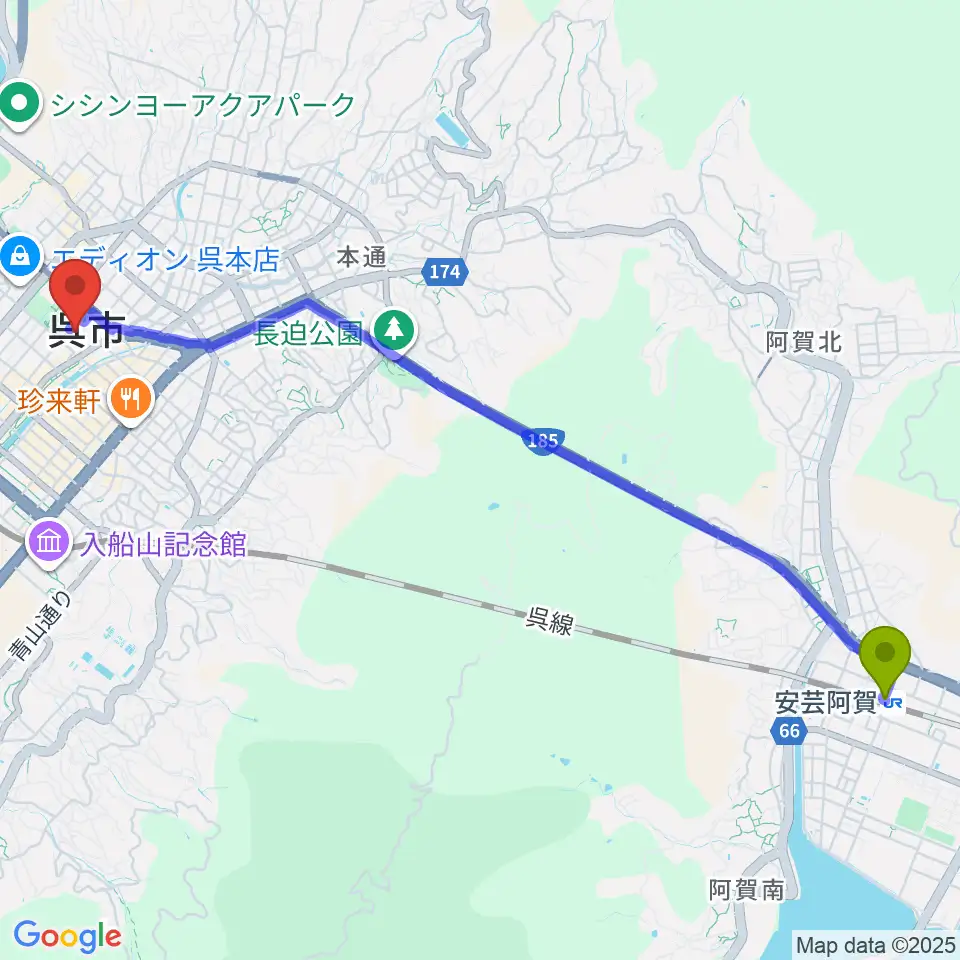 安芸阿賀駅から新日本造機ホールへのルートマップ地図