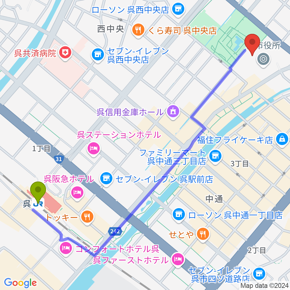 新日本造機ホールの最寄駅呉駅からの徒歩ルート（約14分）地図