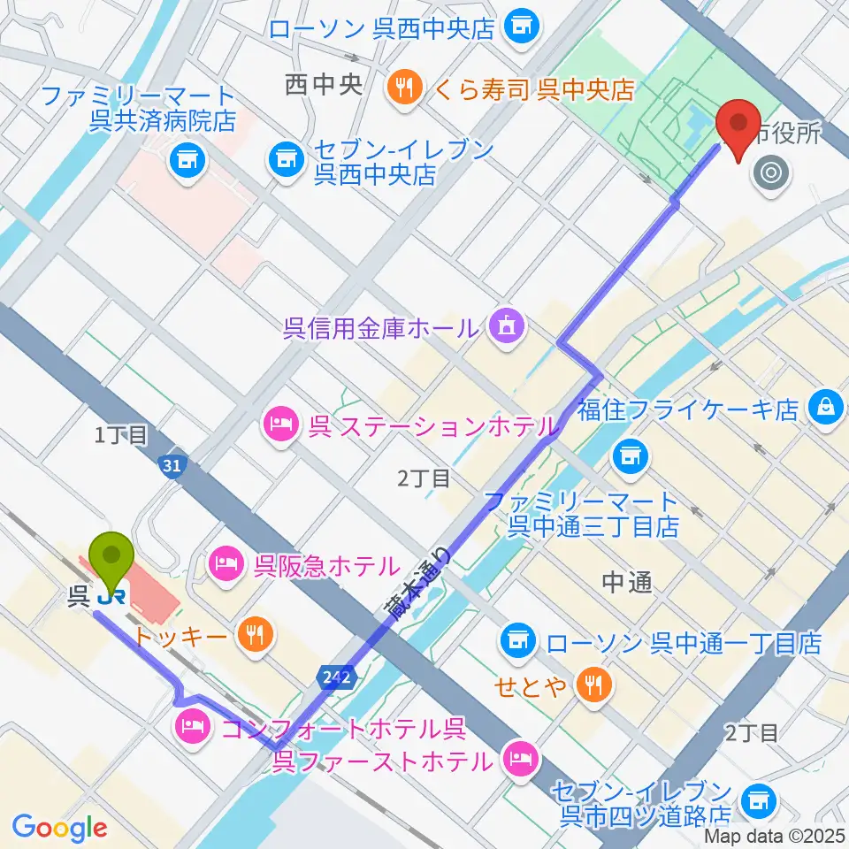 新日本造機ホールの最寄駅呉駅からの徒歩ルート（約14分）地図