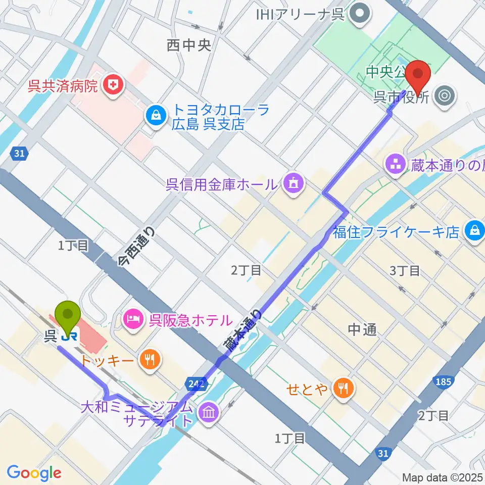 新日本造機ホールの最寄駅呉駅からの徒歩ルート（約14分）地図