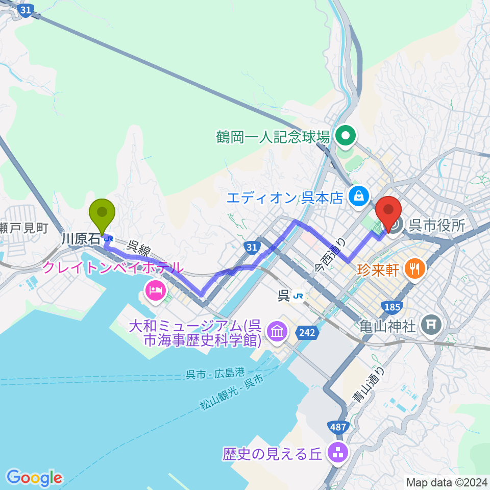 川原石駅から新日本造機ホールへのルートマップ地図