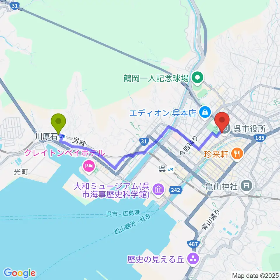 川原石駅から新日本造機ホールへのルートマップ地図