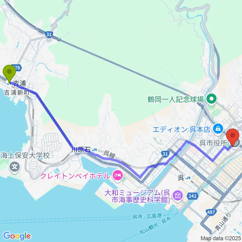 吉浦駅から新日本造機ホールへのルートマップ地図