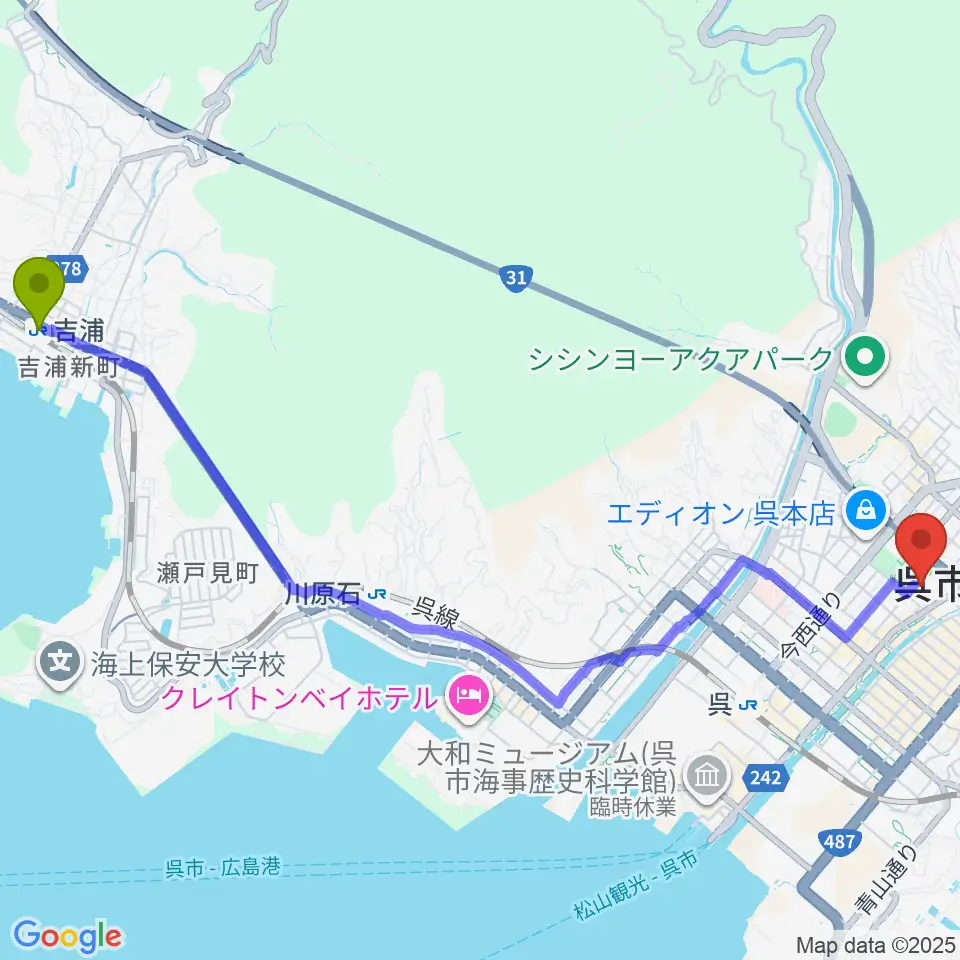 吉浦駅から新日本造機ホールへのルートマップ地図