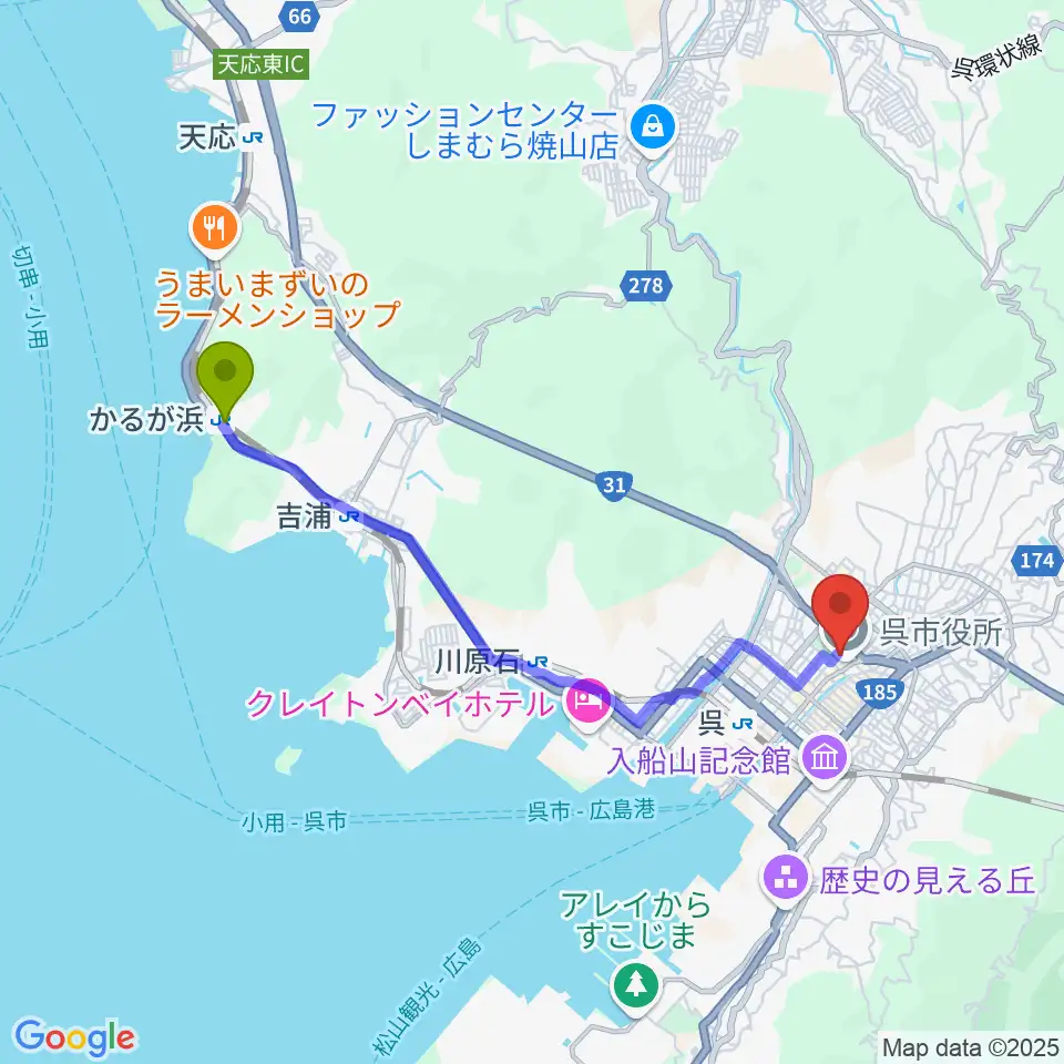 かるが浜駅から新日本造機ホールへのルートマップ地図