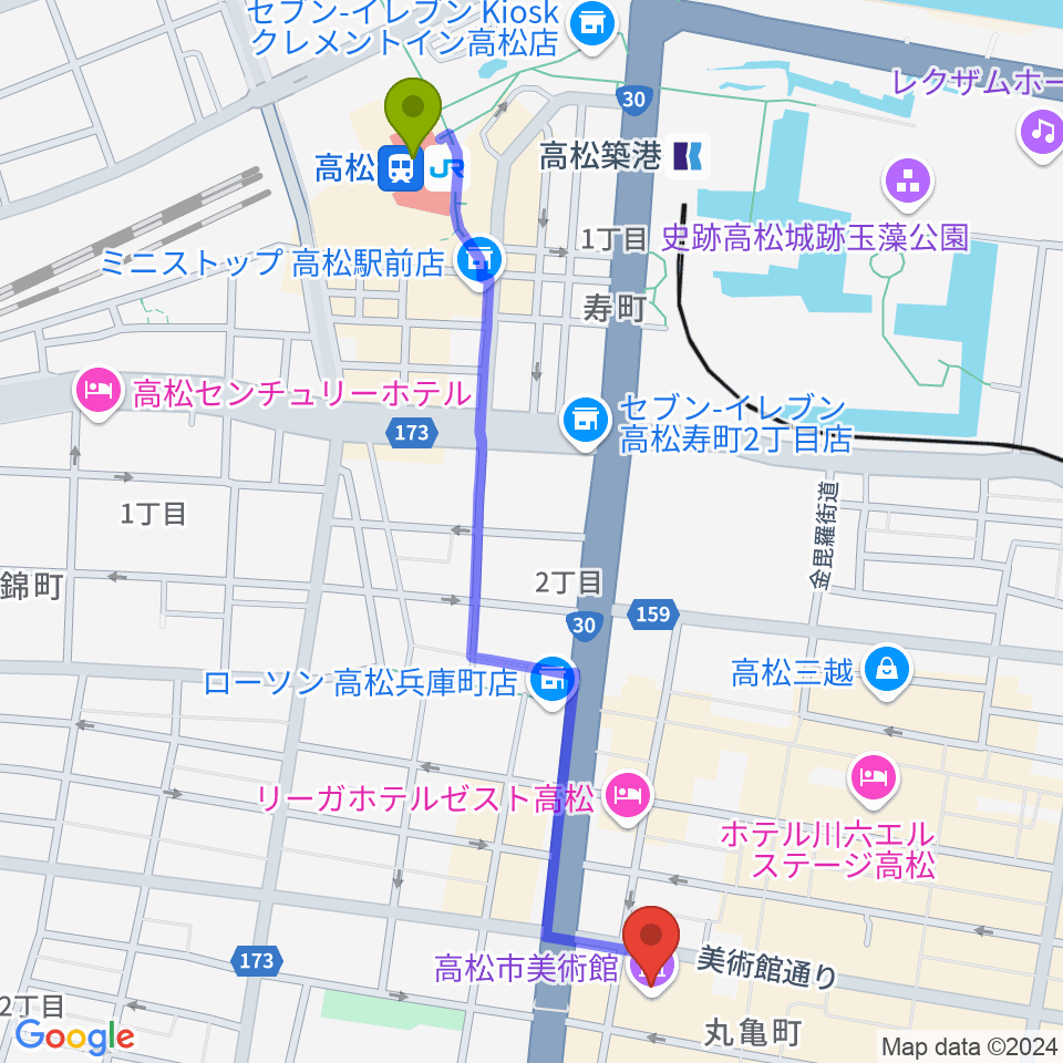 高松駅から高松市美術館へのルートマップ地図