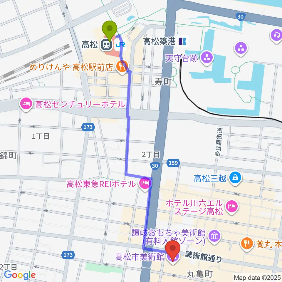 高松駅から高松市美術館へのルートマップ地図