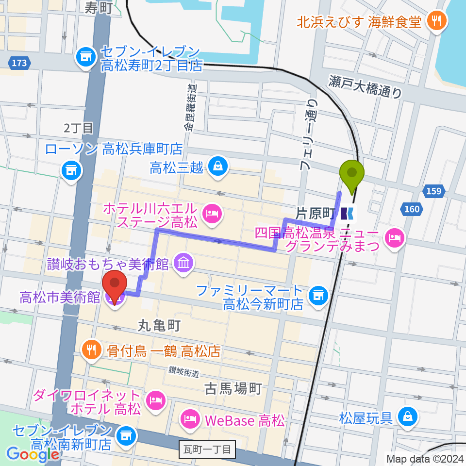 高松市美術館の最寄駅片原町駅からの徒歩ルート（約9分）地図