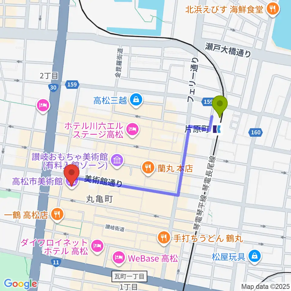 高松市美術館の最寄駅片原町駅からの徒歩ルート（約9分）地図