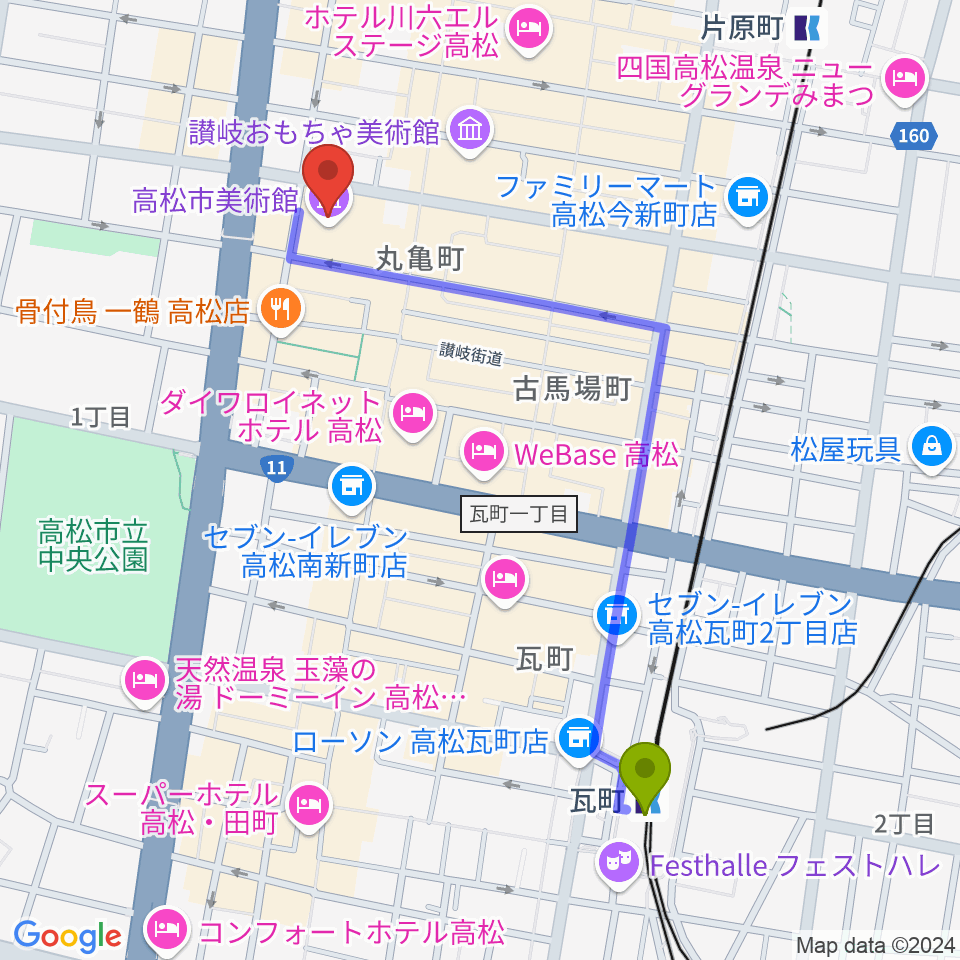 瓦町駅から高松市美術館へのルートマップ地図