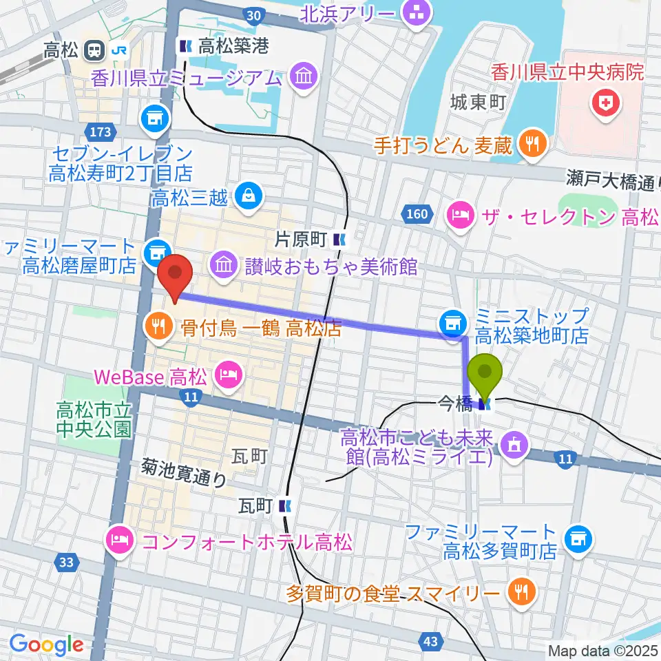 今橋駅から高松市美術館へのルートマップ地図