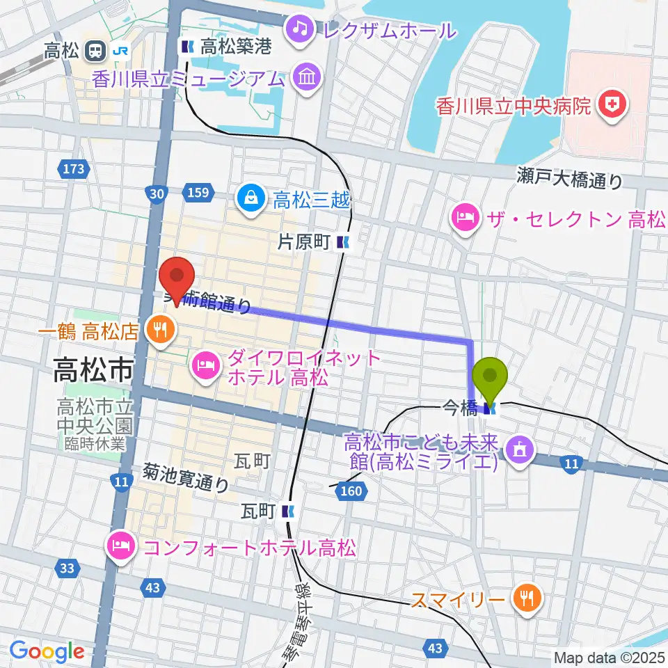 今橋駅から高松市美術館へのルートマップ地図