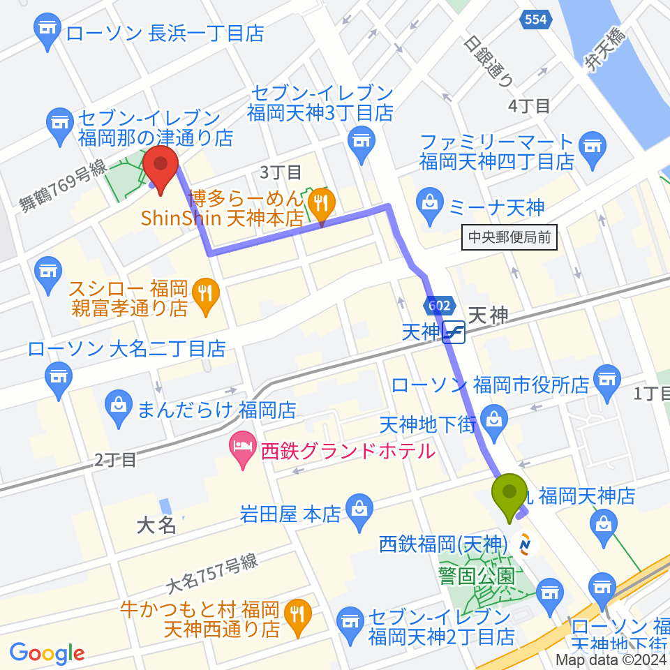 西鉄福岡（天神）駅から福岡DRUM Be-1へのルートマップ地図