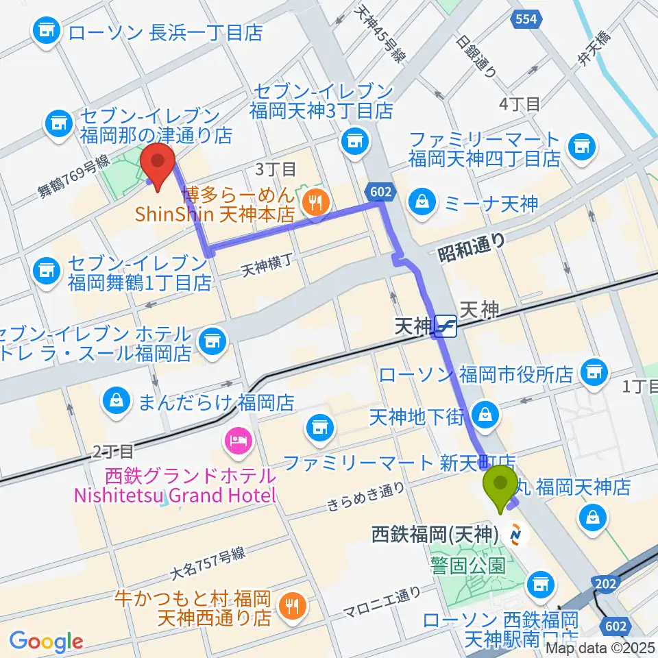 西鉄福岡（天神）駅から福岡DRUM Be-1へのルートマップ地図