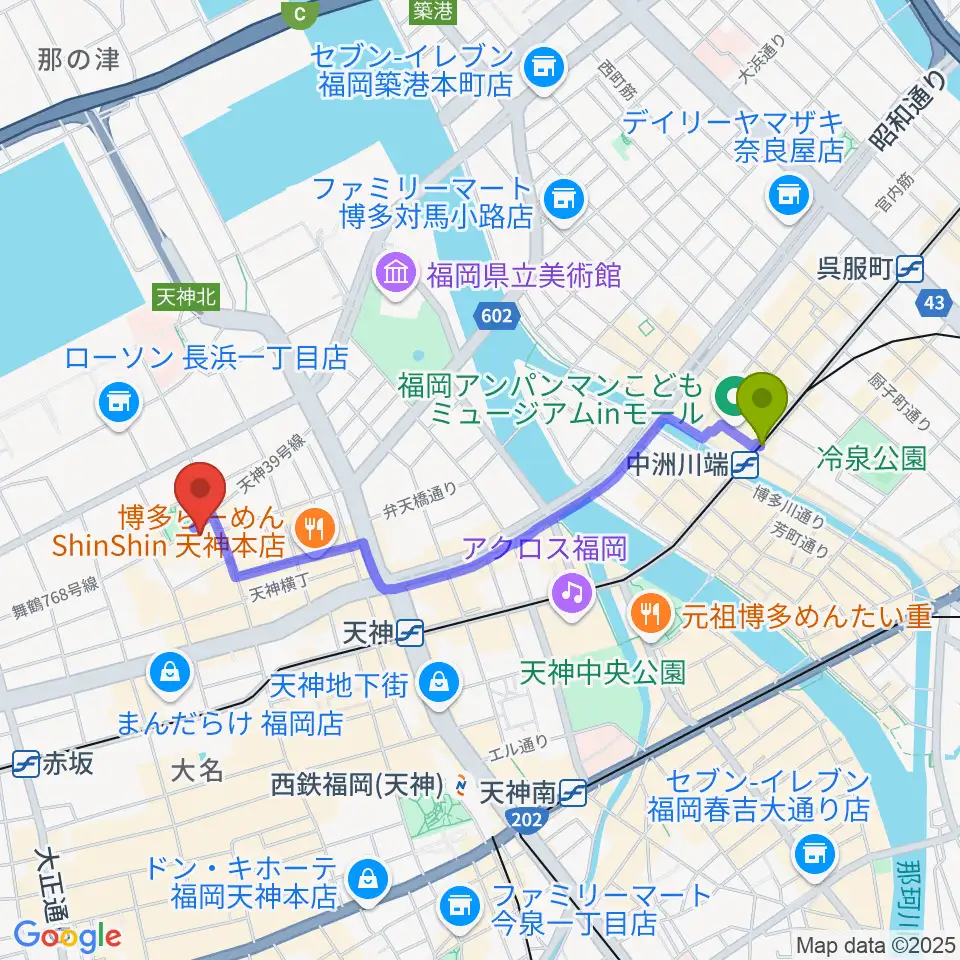 中洲川端駅から福岡DRUM Be-1へのルートマップ地図