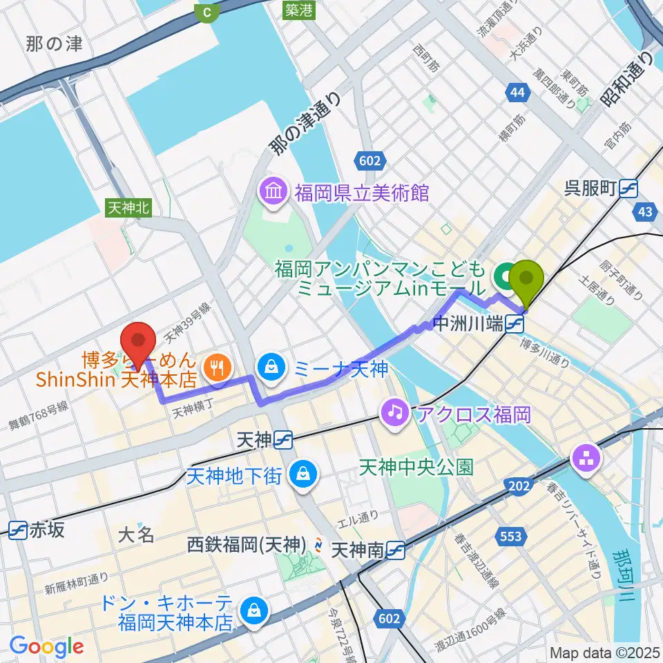 中洲川端駅から福岡DRUM Be-1へのルートマップ地図