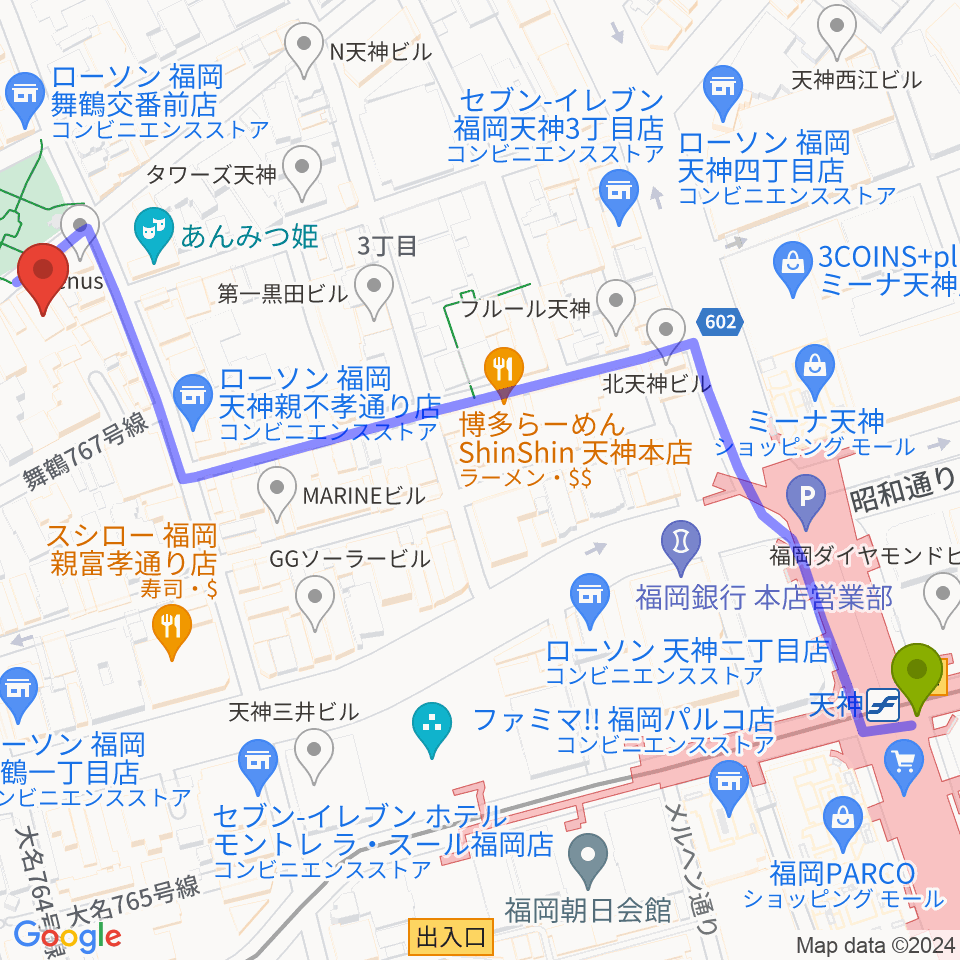 福岡DRUM Be-1の最寄駅天神駅からの徒歩ルート（約8分）地図