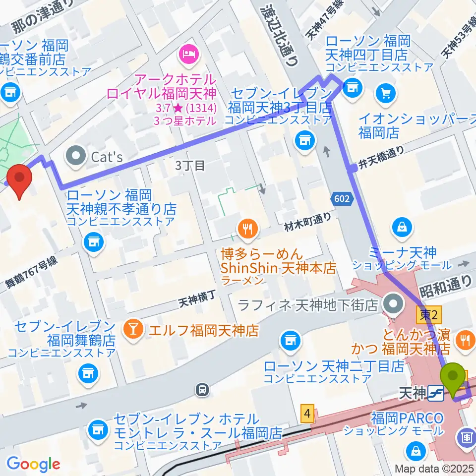 福岡DRUM Be-1の最寄駅天神駅からの徒歩ルート（約8分）地図