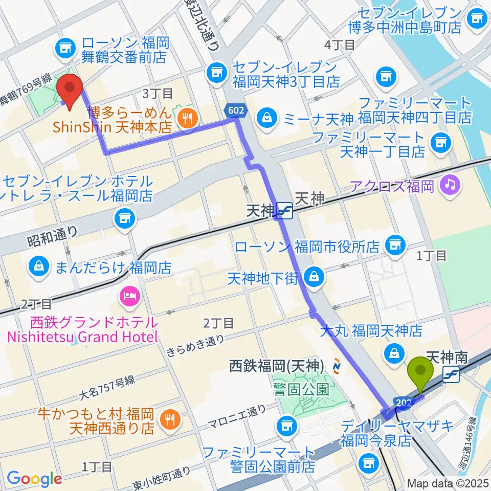 天神南駅から福岡DRUM Be-1へのルートマップ地図