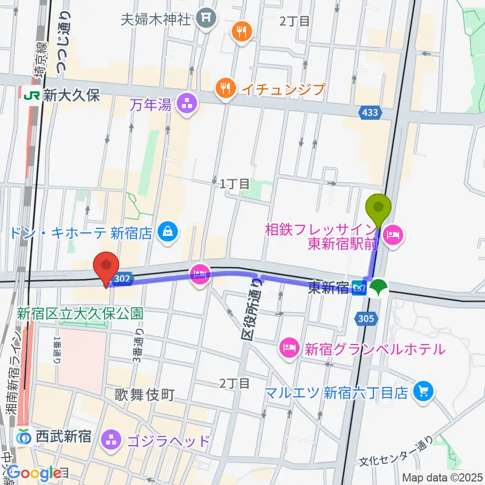 東新宿駅から新宿SAMURAIへのルートマップ地図