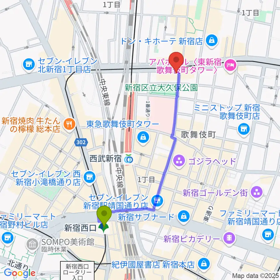 新宿西口駅から新宿SAMURAIへのルートマップ地図