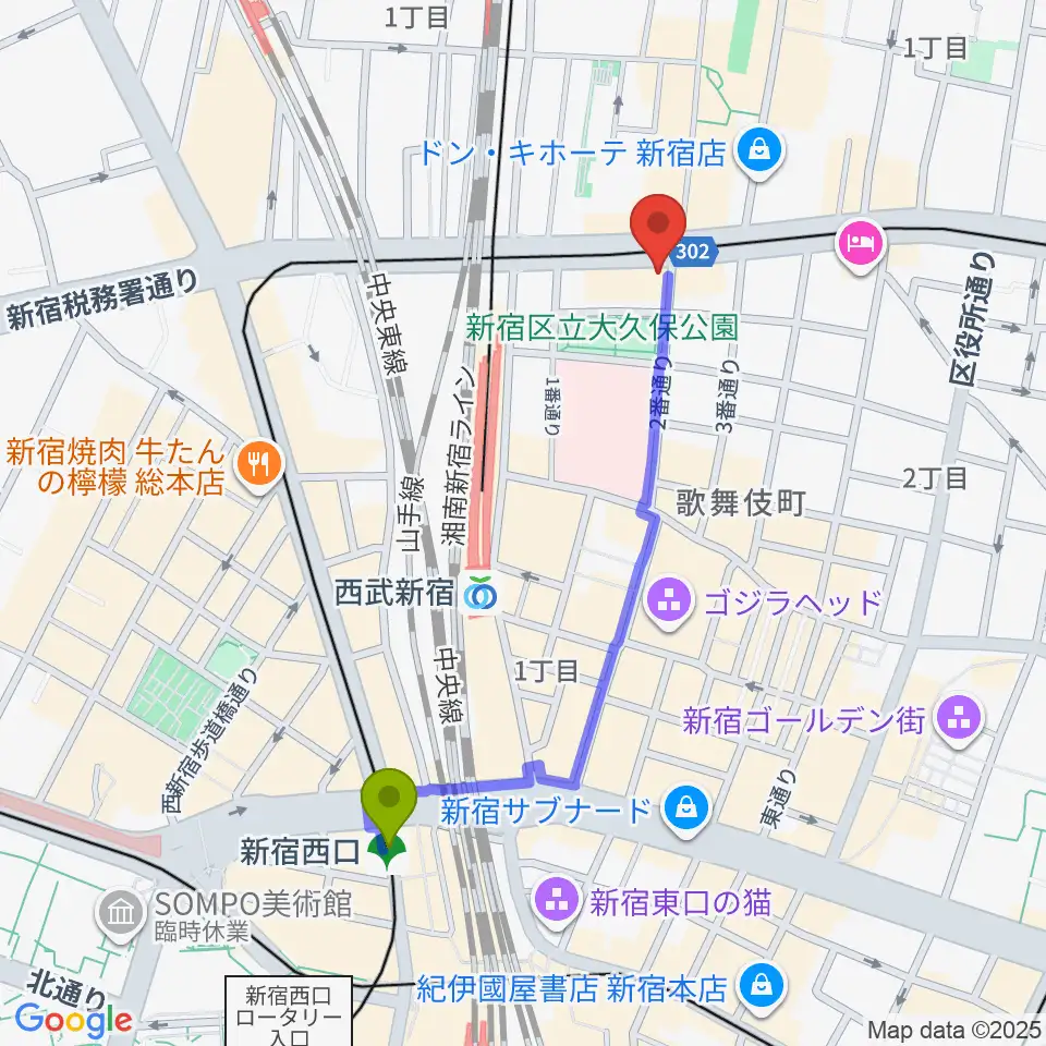 新宿西口駅から新宿SAMURAIへのルートマップ地図