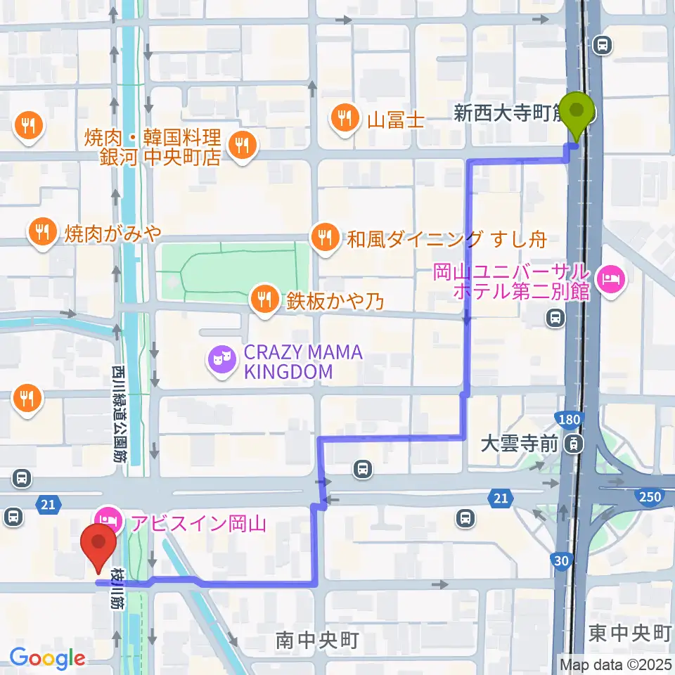 新西大寺町筋駅からジオンミュージックスクールへのルートマップ地図