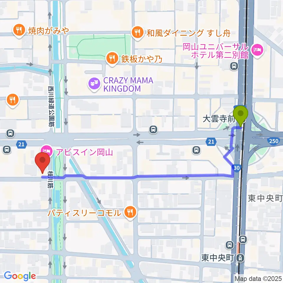 ジオンミュージックスクールの最寄駅大雲寺前駅からの徒歩ルート（約6分）地図