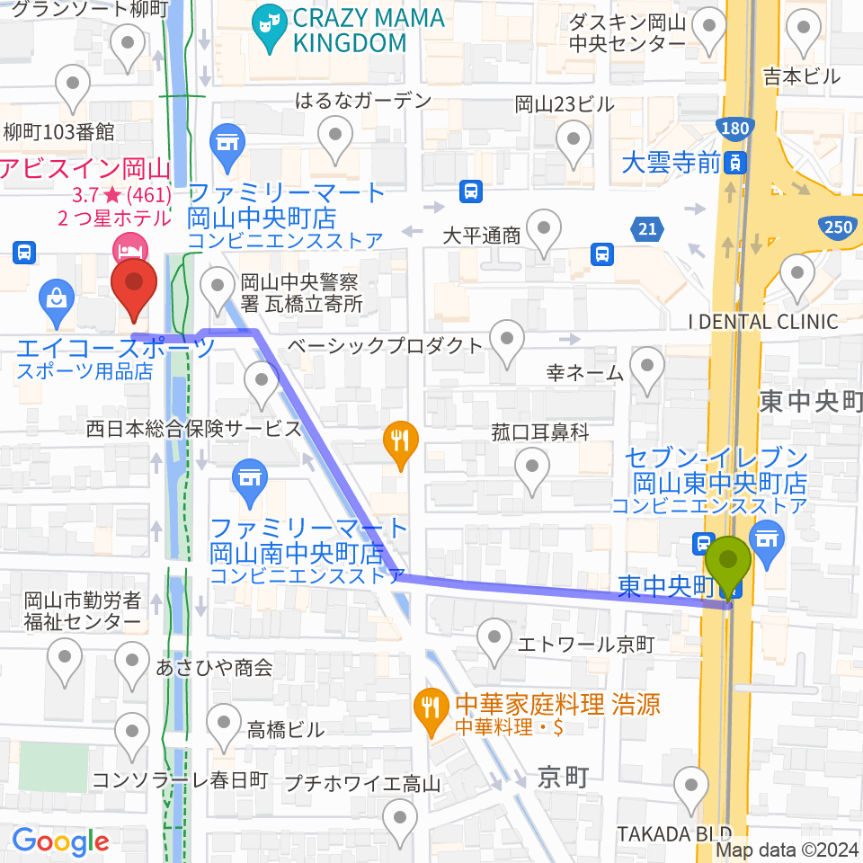 東中央町駅からジオンミュージックスクールへのルートマップ地図