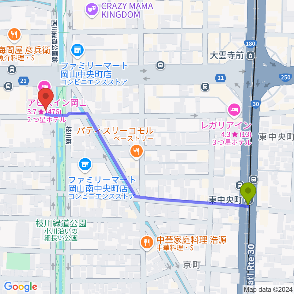 東中央町駅からジオンミュージックスクールへのルートマップ地図