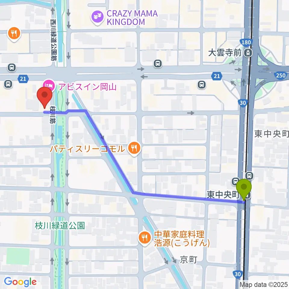 東中央町駅からジオンミュージックスクールへのルートマップ地図